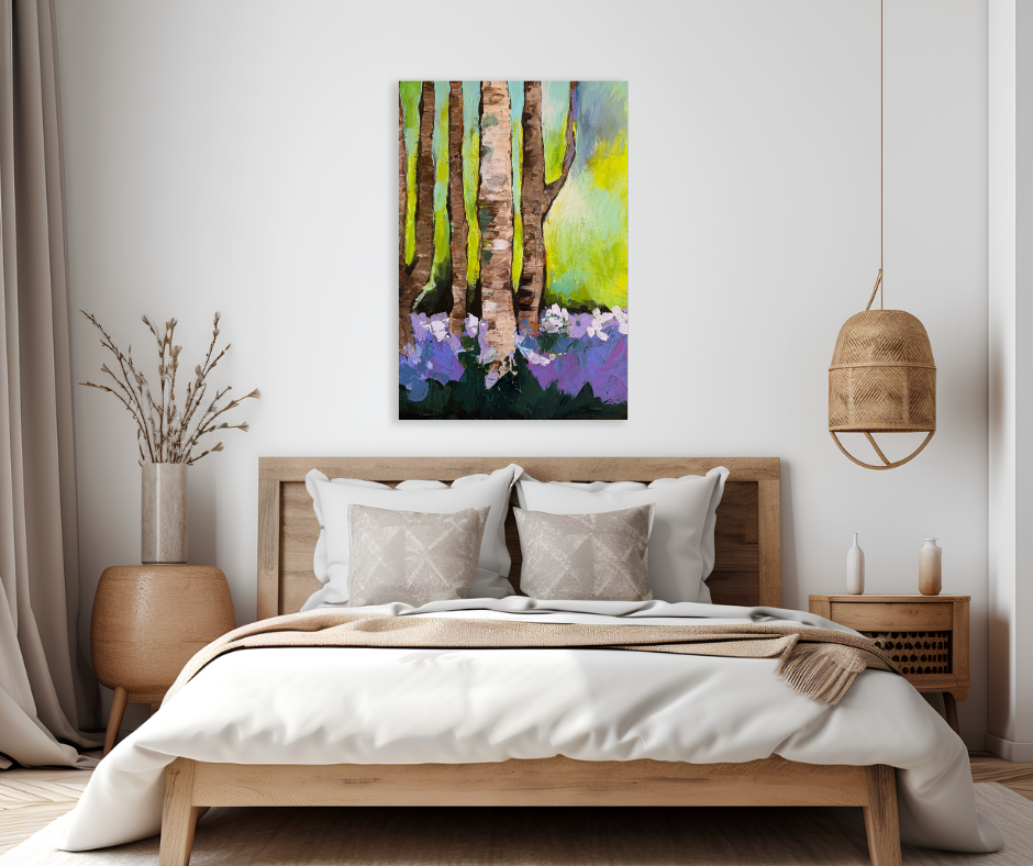 Forest canvas wall art in green and purple tones displayed above a bed in a calm modern bedroom