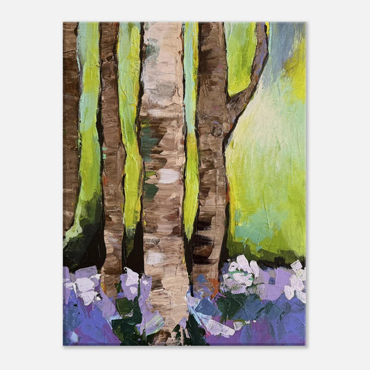 Woodland Serenity canvas wall art featuring peaceful forest trees with soft green tones and textured brushstrokes in a calming nature-inspired style