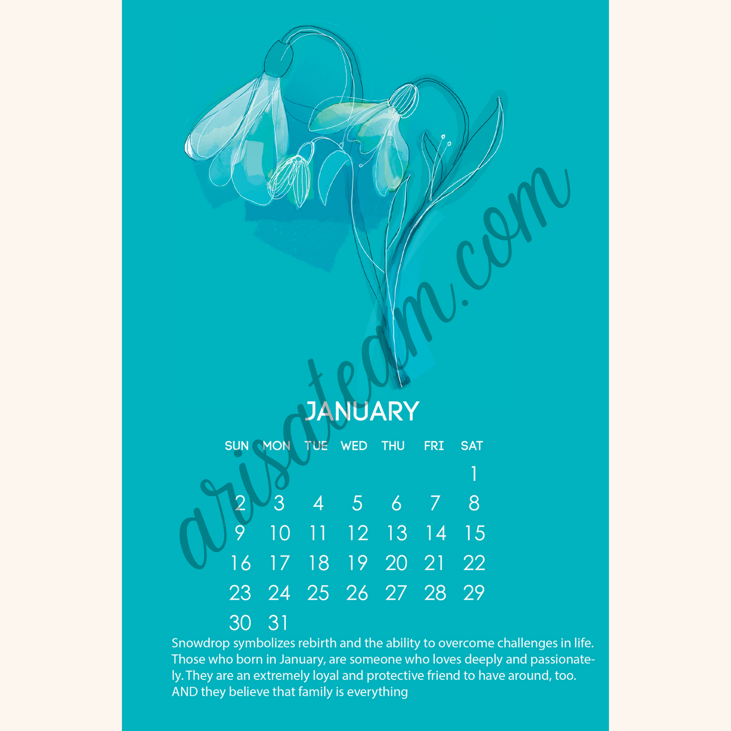 The month of January in the Calendar and Planner 2022 with the flowers of the months by AirsaTeam