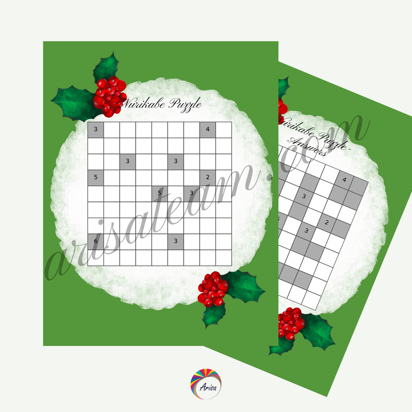 The nurikabe puzzle and its answers of the "Chirstmas Charm Activity Pack" from ArisaTeam