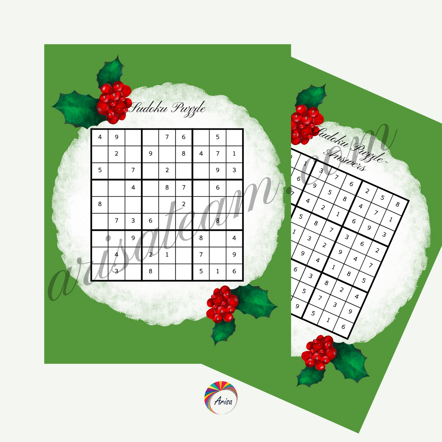 The sudoku puzzle and its answers of the "Christmas Charm Activity Pack" from ArisaTeam