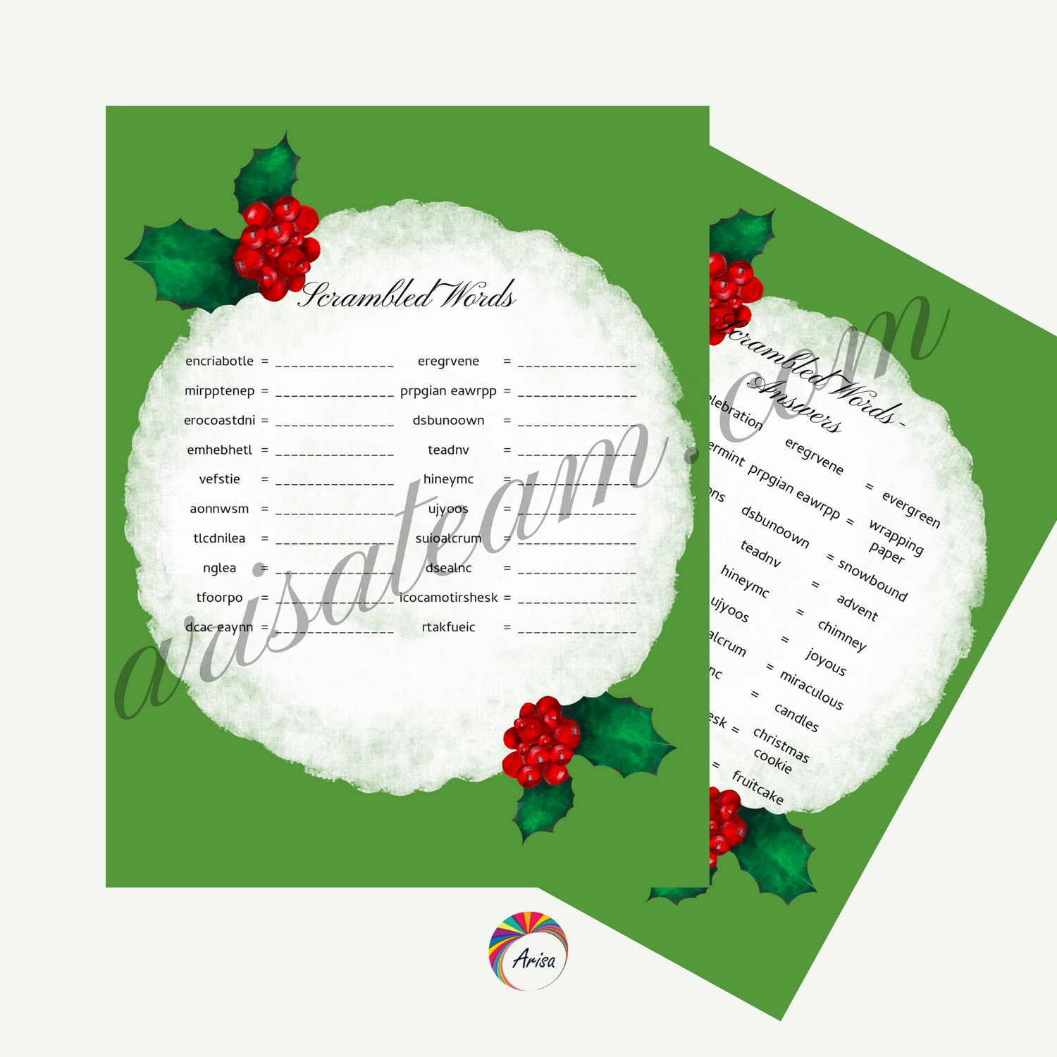 The scrambled words and its answers of the "Christmas Charm Activity Pack" from ArisaTeam
