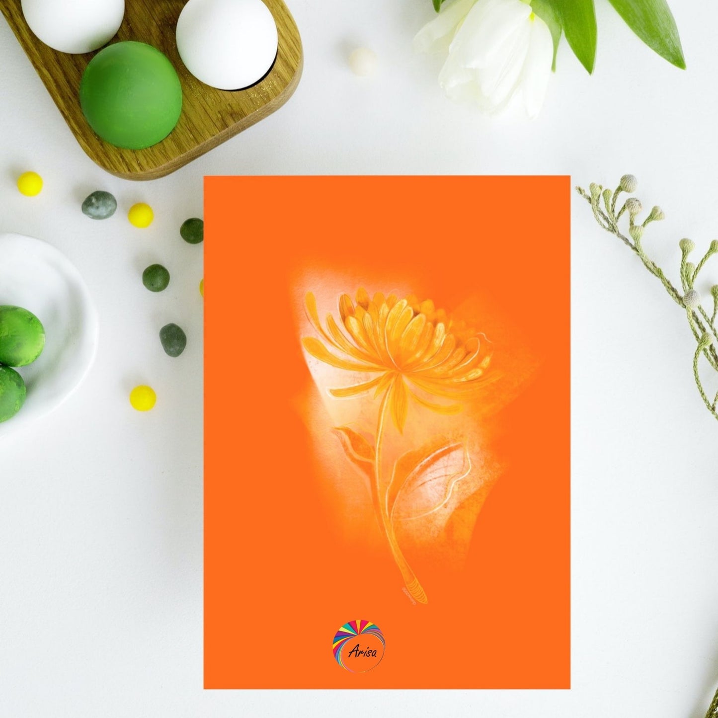 "Chrysanthemum" Greeting Card by ArisaTeam next to eggs ideal as an Easter card.