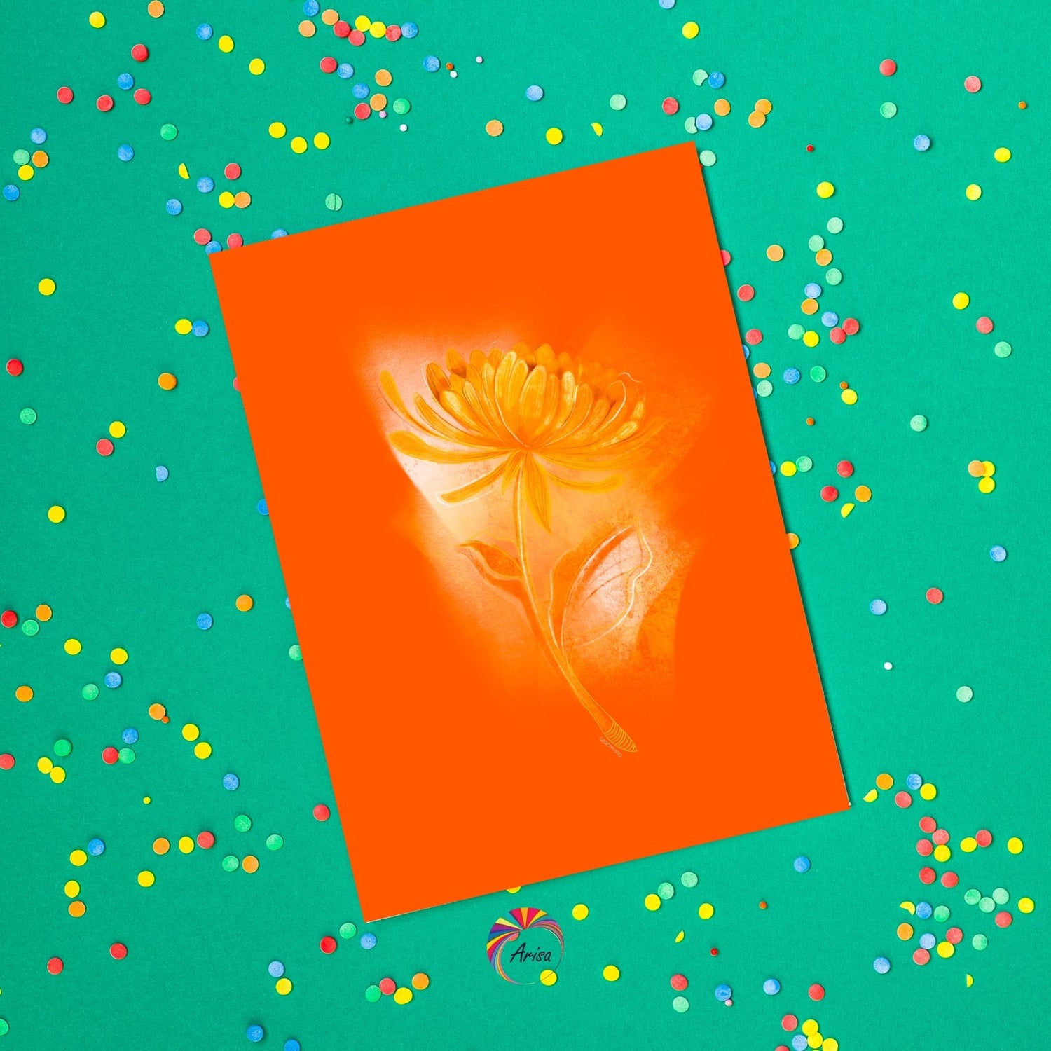 "Chrysanthemum" Greeting Card by ArisaTeam in a funfetti background ideal as a birthday card.