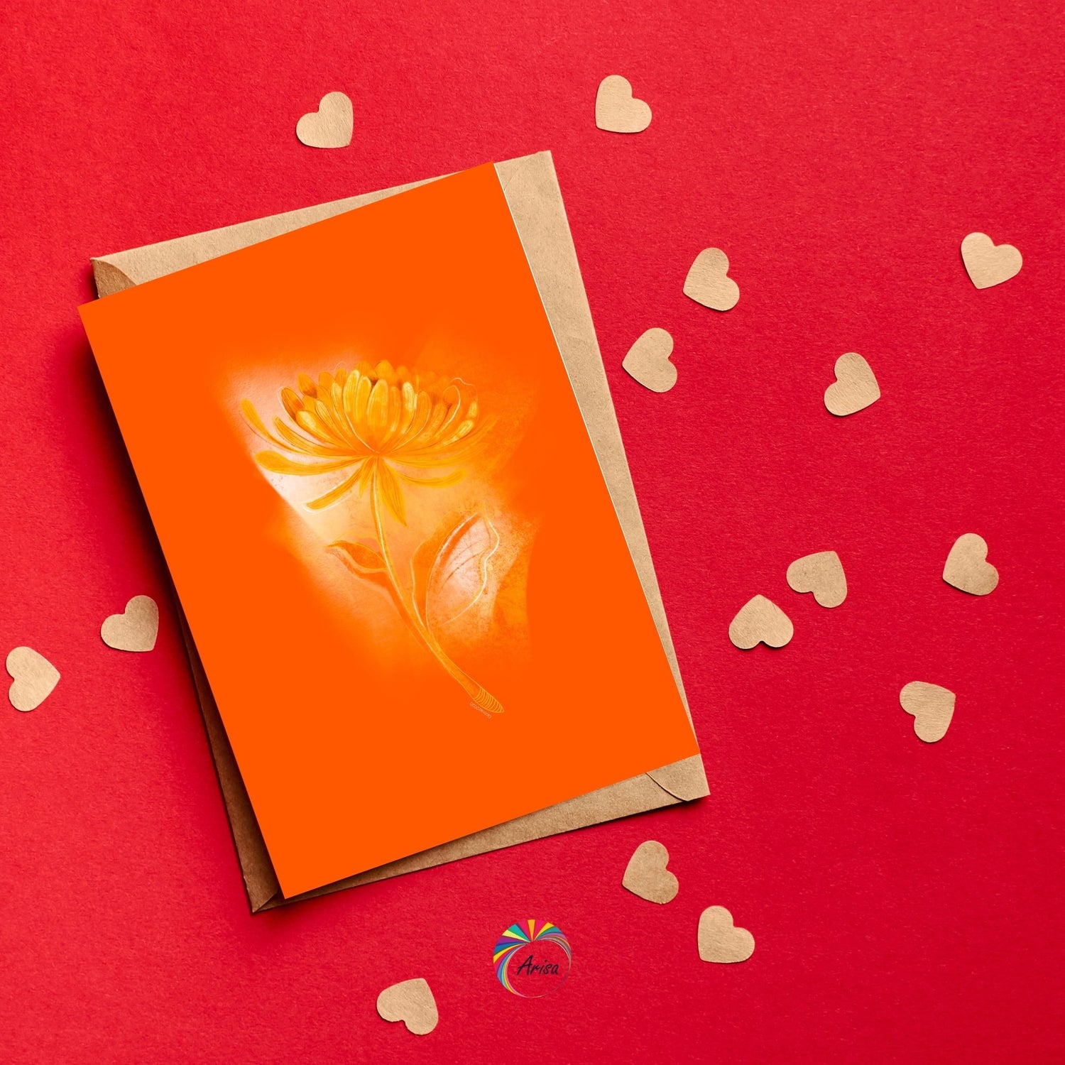"Chrysanthemum" Greeting Card by ArisaTeam surrounded by small hearts in a red background ideal as a Valentine card.