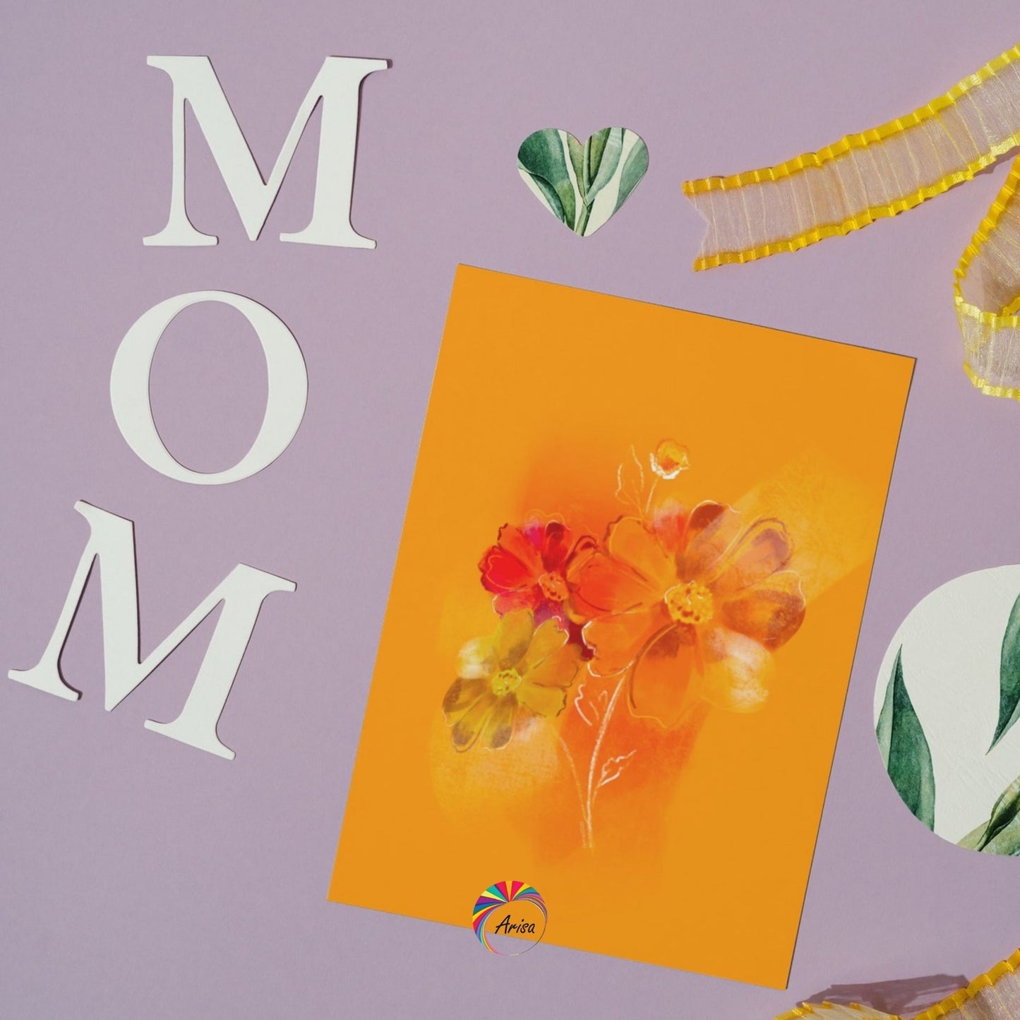 "Cosmos" Greeting Card by ArisaTeam with the word mom close to the card ideal as a Mother's Day card.