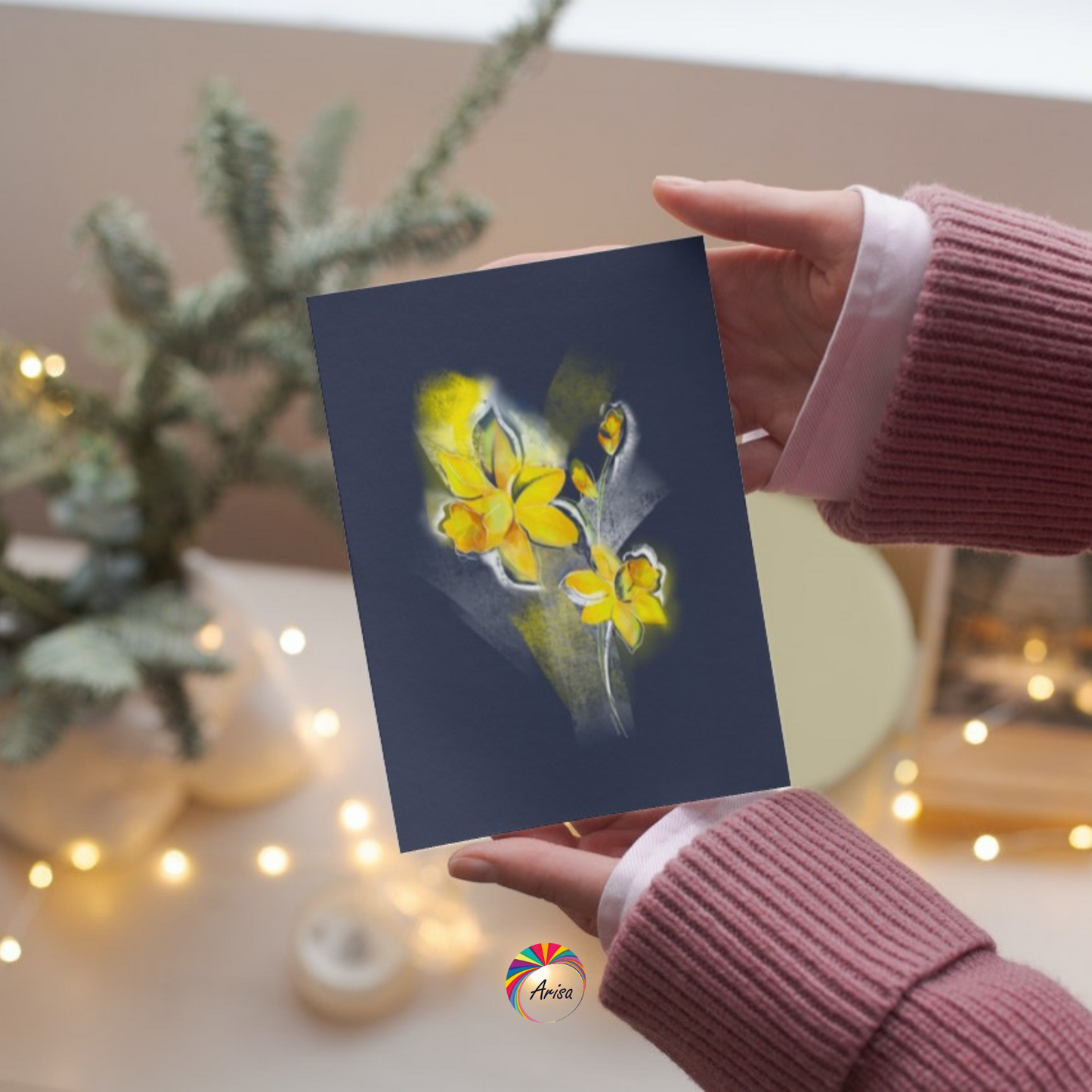"DAFFODIL" Greeting Card by ArisaTeam in the hands of a woman ideal as a Christmas card.