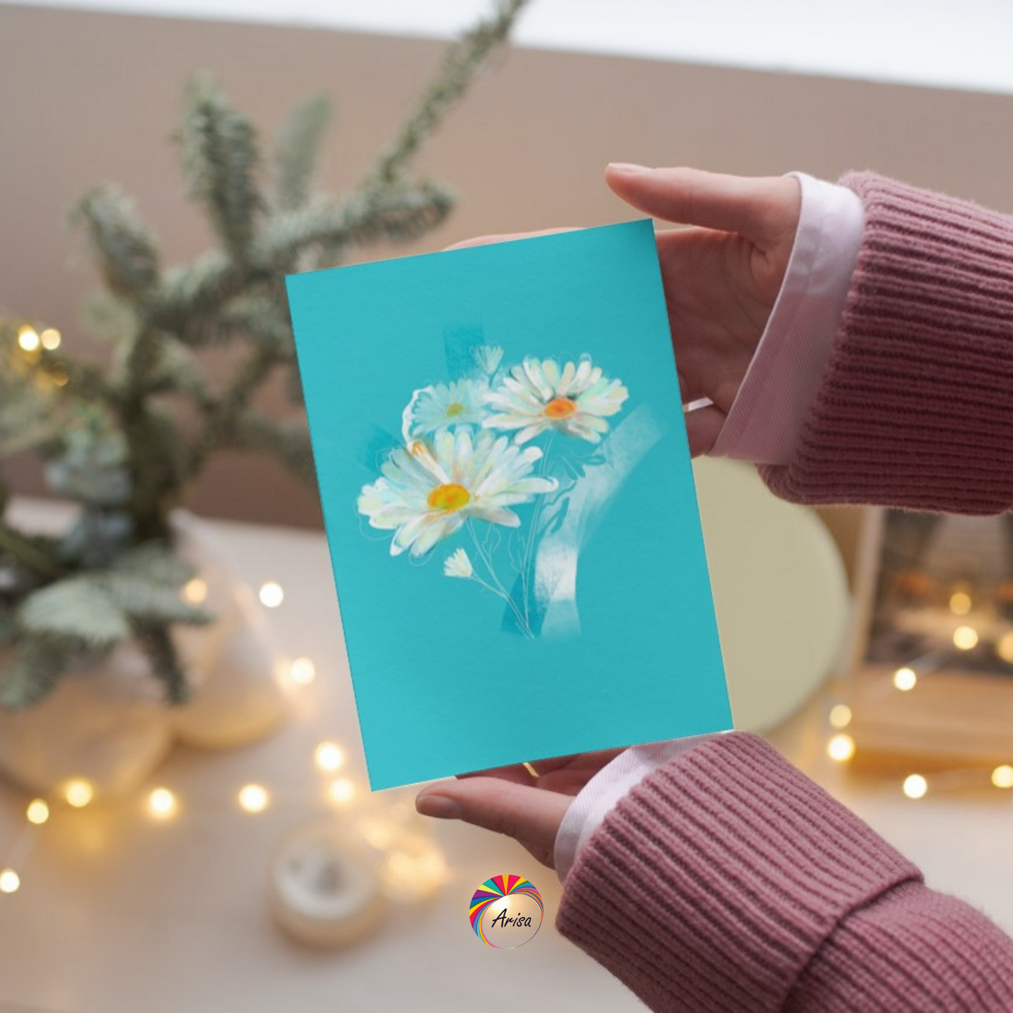 "DAISY" Greeting Card by ArisaTeam in the hands of a woman ideal as a Christmas card.