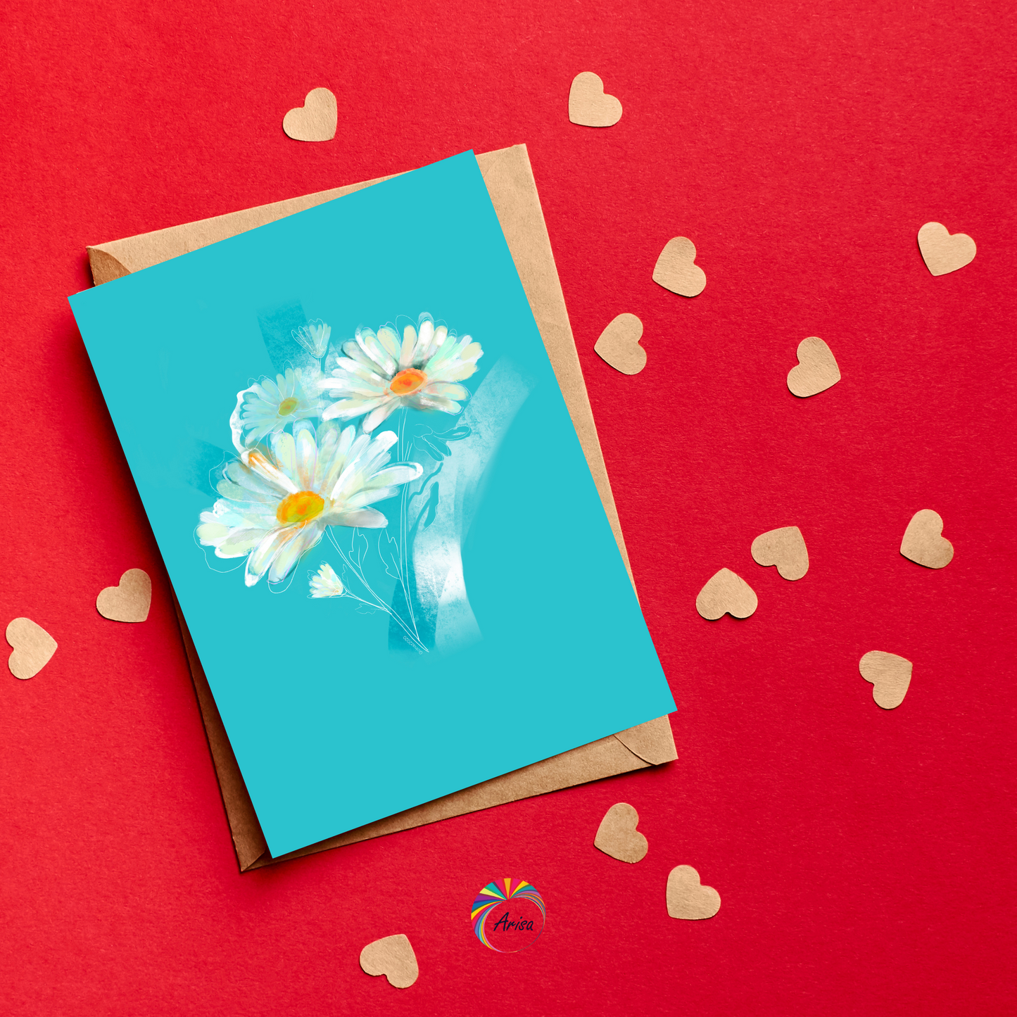 "DAISY" Greeting Card by ArisaTeam surrounded by small hearts in a red background ideal as a Valentine card.