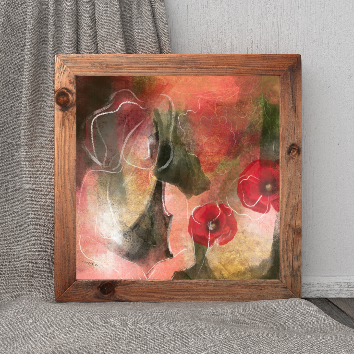 The Dangerous Beauty painting by ArisaTeam in a wooden frame and on a curtain