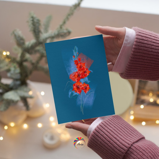 "GLADIOLUS" Greeting Card by ArisaTeam in the hands of a woman ideal as a Christmas card.