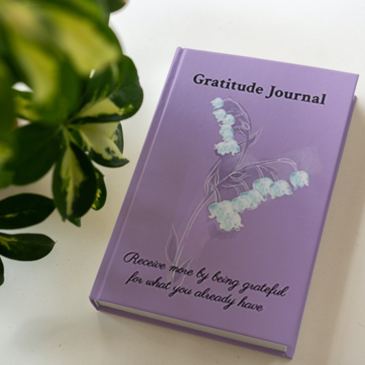 The hardcover version of the gratitude journal by Arisateam near a green plant.