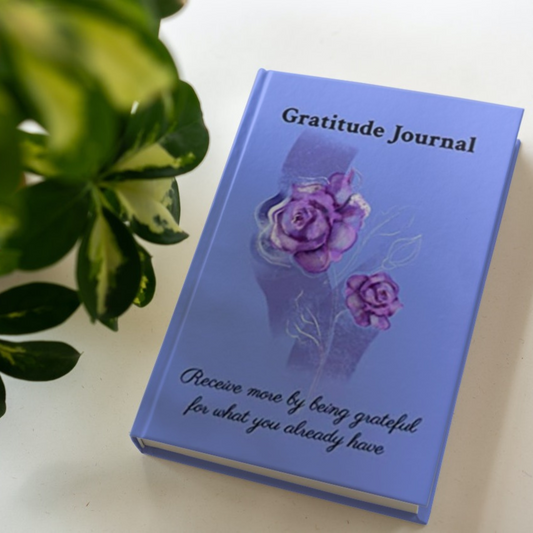 The hardcover version of the gratitude journal by Arisateam near a green plant.