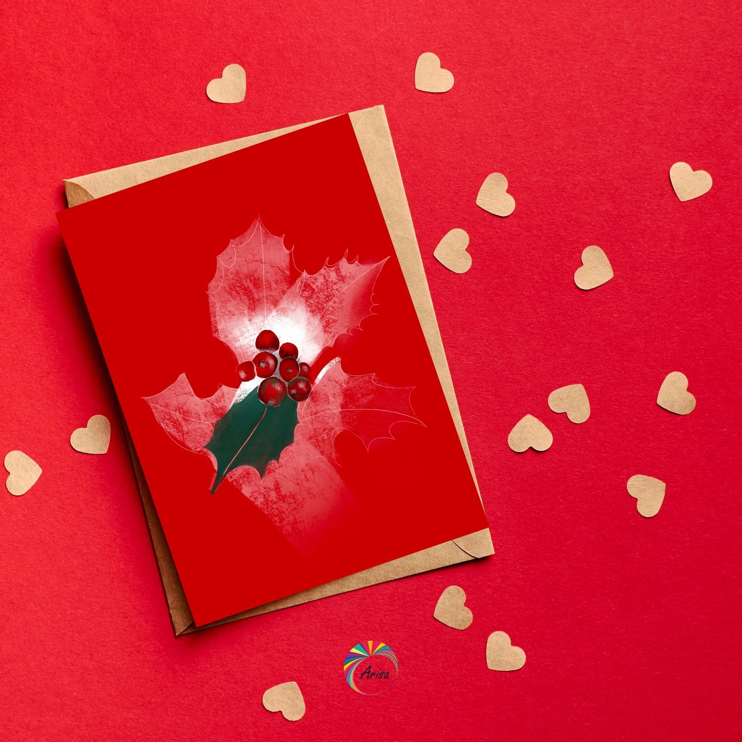 "Holly" Greeting Card by ArisaTeam surrounded by small hearts in a red background ideal as a Valentine card.
