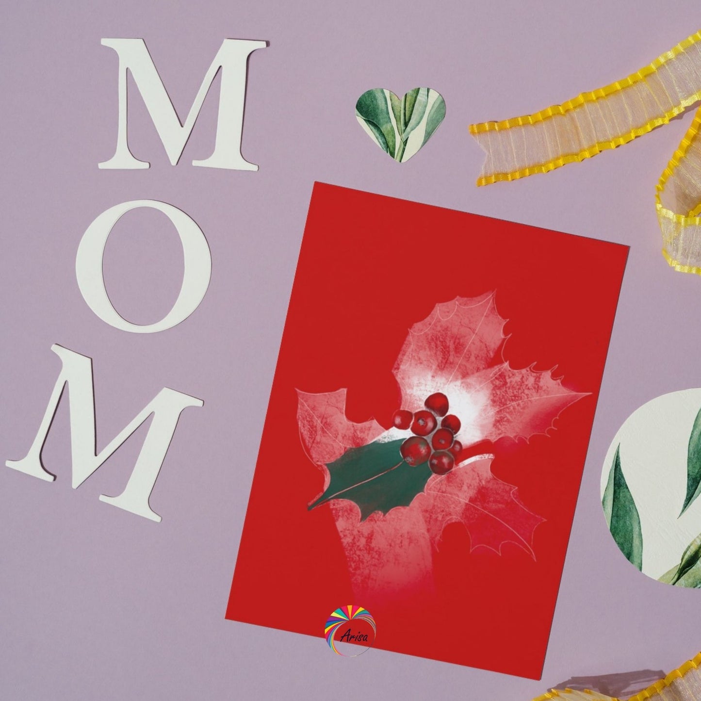 "Holly" Greeting Card by ArisaTeam with the word mom close to the card ideal as a Mother's Day card.