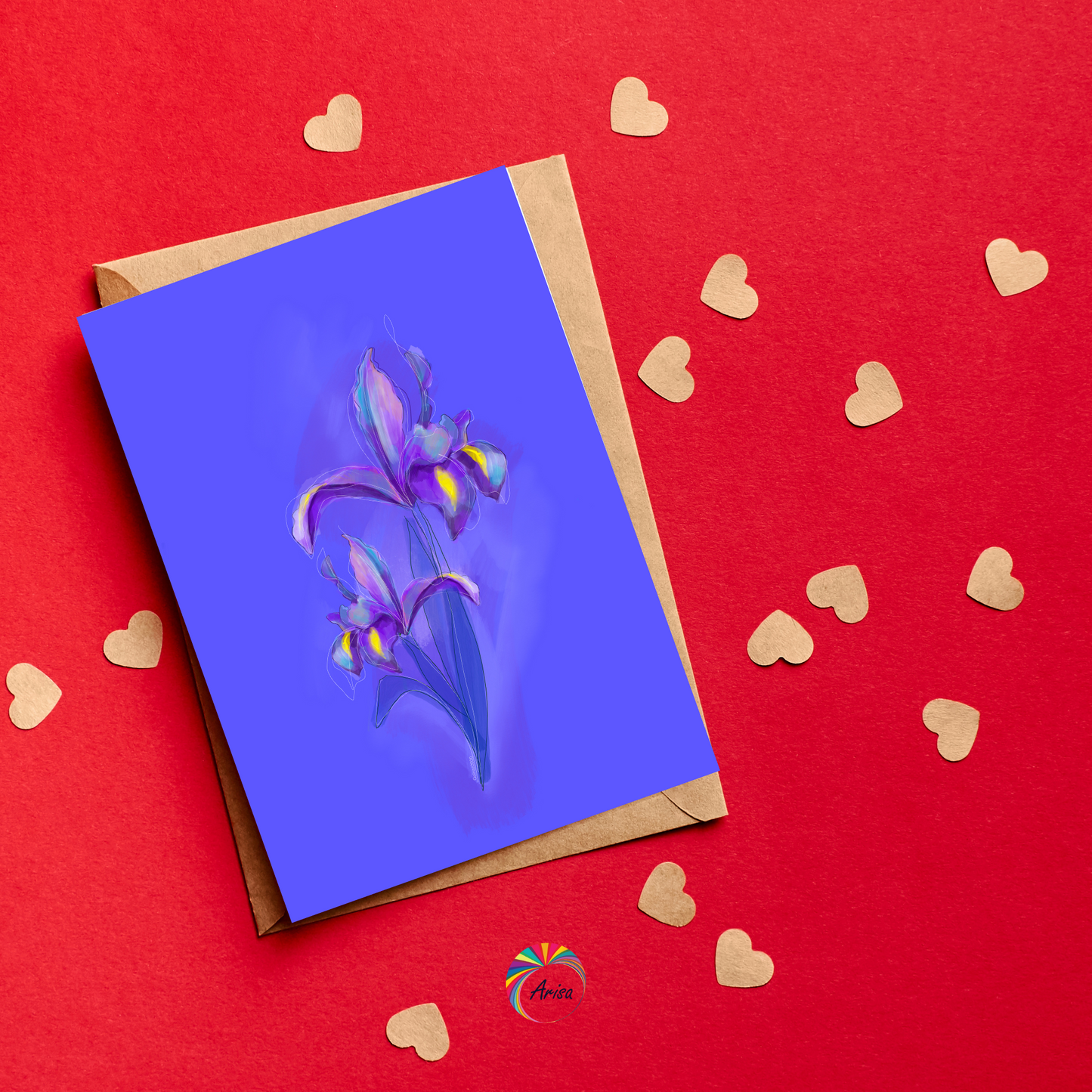 "IRIS" Greeting Card by ArisaTeam surrounded by small hearts in a red background ideal as a Valentine card.