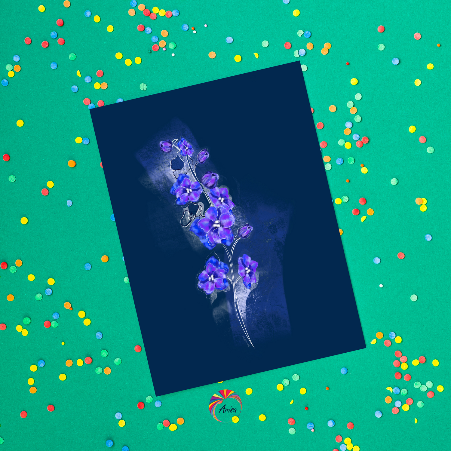 "LARKSPUR" Greeting Card by ArisaTeam in a funfetti background ideal as a birthday card.