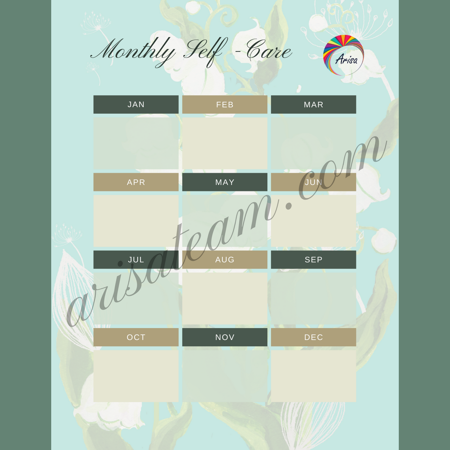 The "Monthly Self-Care" planner of the "Lily of The Valley" wellness planner pack by Arisateam