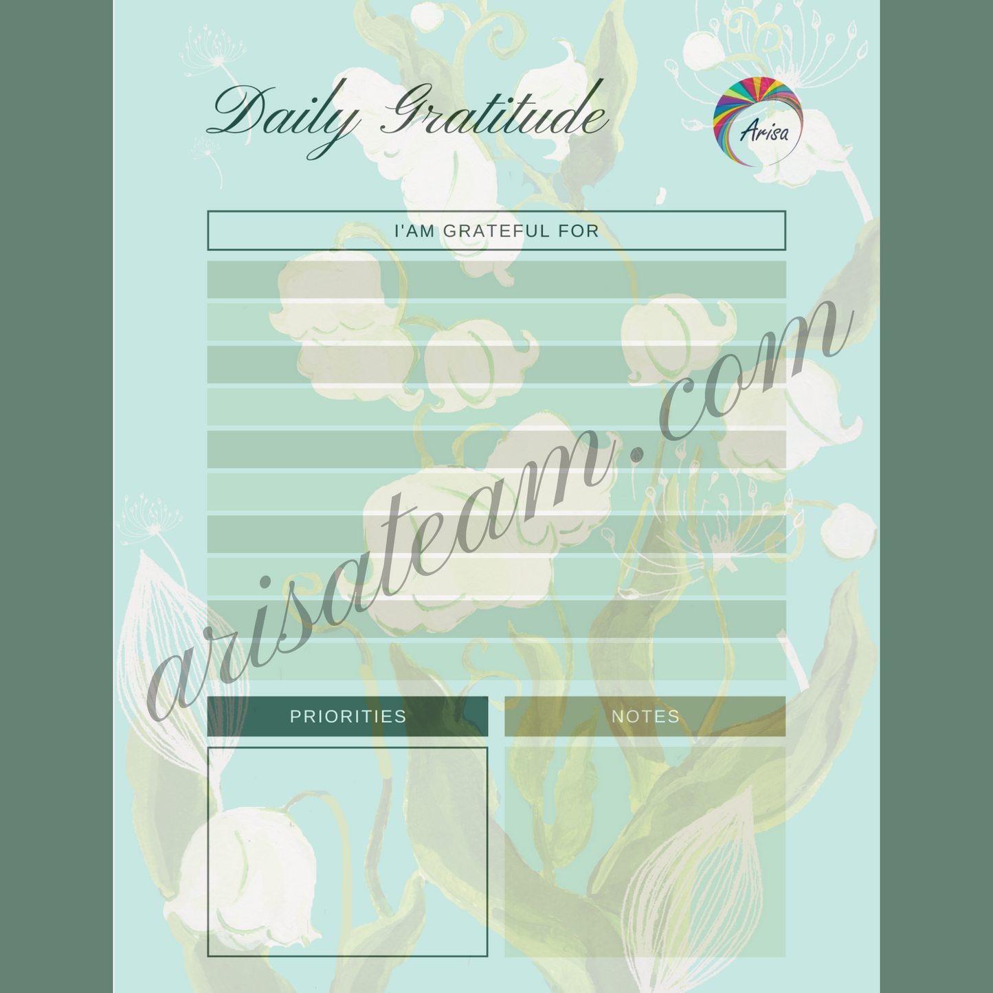 The "Daily Gratitude" page of the "Lily of The Valley" wellness planner pack by Arisateam