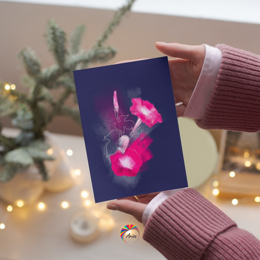 "MORNING GLORY" Greeting Card by ArisaTeam in the hands of a woman ideal as a Christmas card.