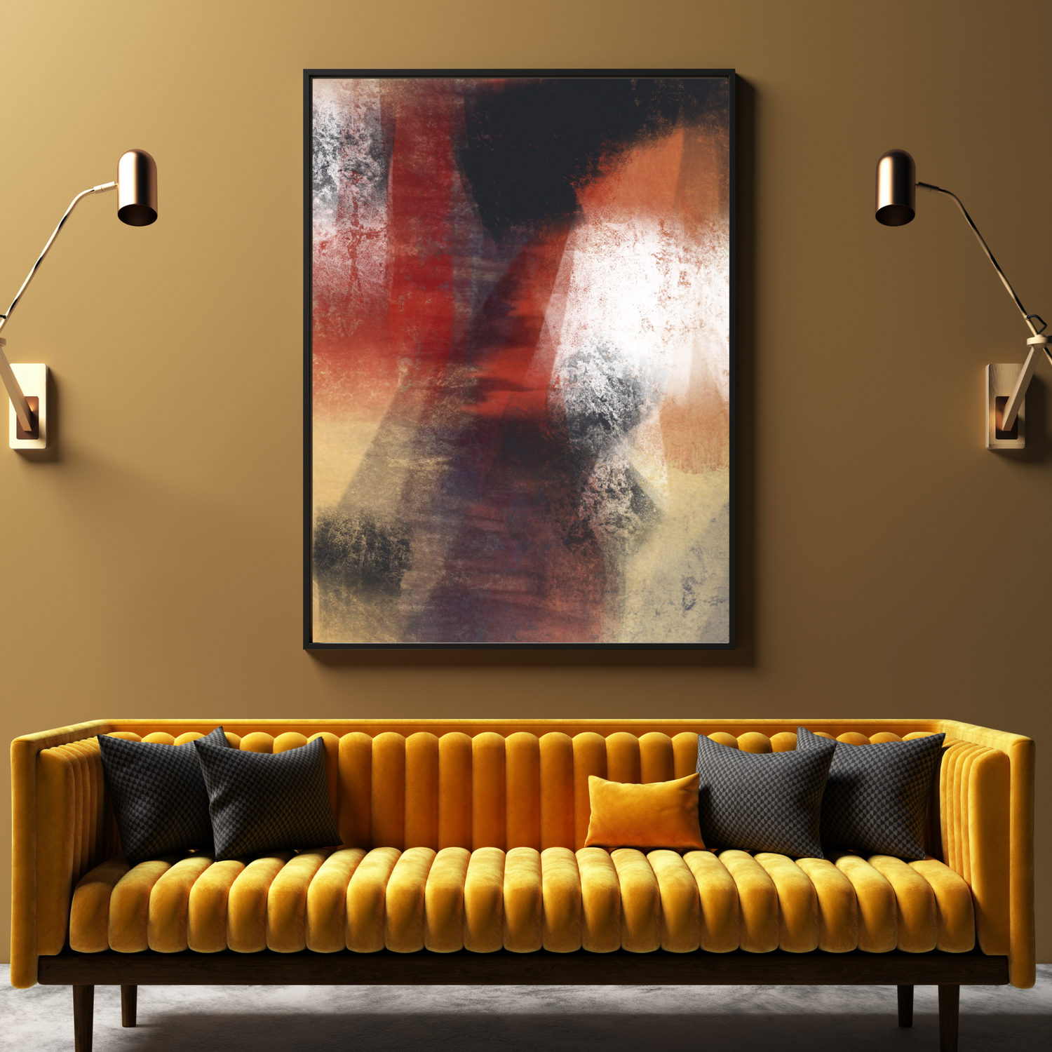 An example of the Red Light painting by ArisaTeam in a living room with warm colors.