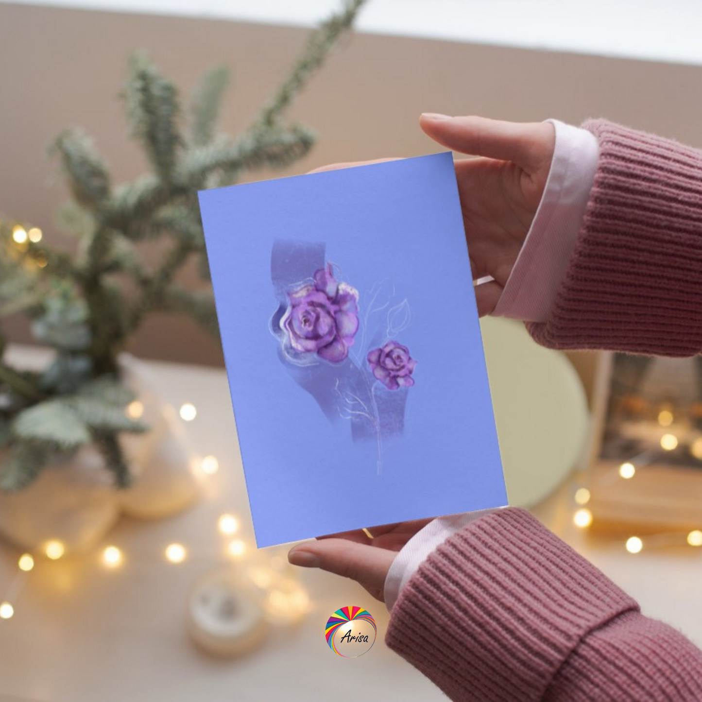 "ROSE" Greeting Card by ArisaTeam in the hands of a woman ideal as a Christmas card.