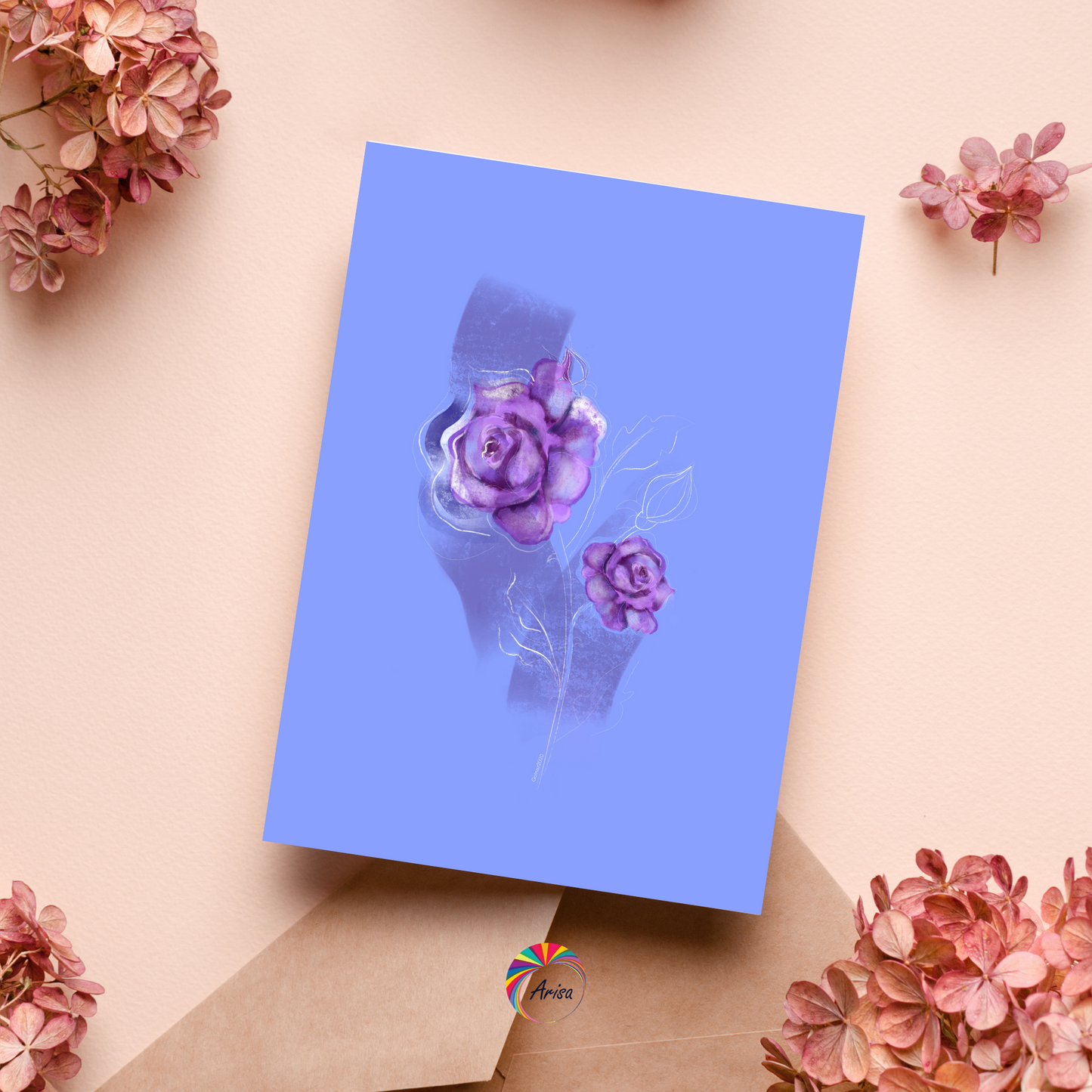 "ROSE" Greeting Card by ArisaTeam in a pink background with flowers.
