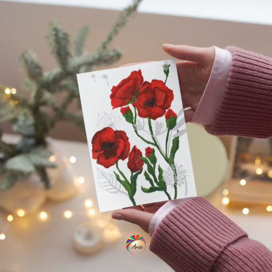 "Sincere Beauty" Greeting Card by ArisaTeam in the hands of a woman and in a Christmas background ideal as a Christmas card.