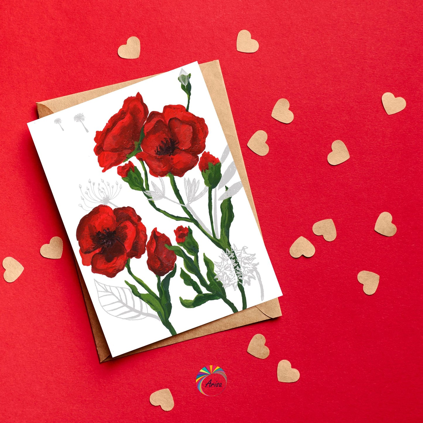 "Sincere Beauty" Greeting Card by ArisaTeam surrounded by small hearts in a red background ideal as a Valentine card.