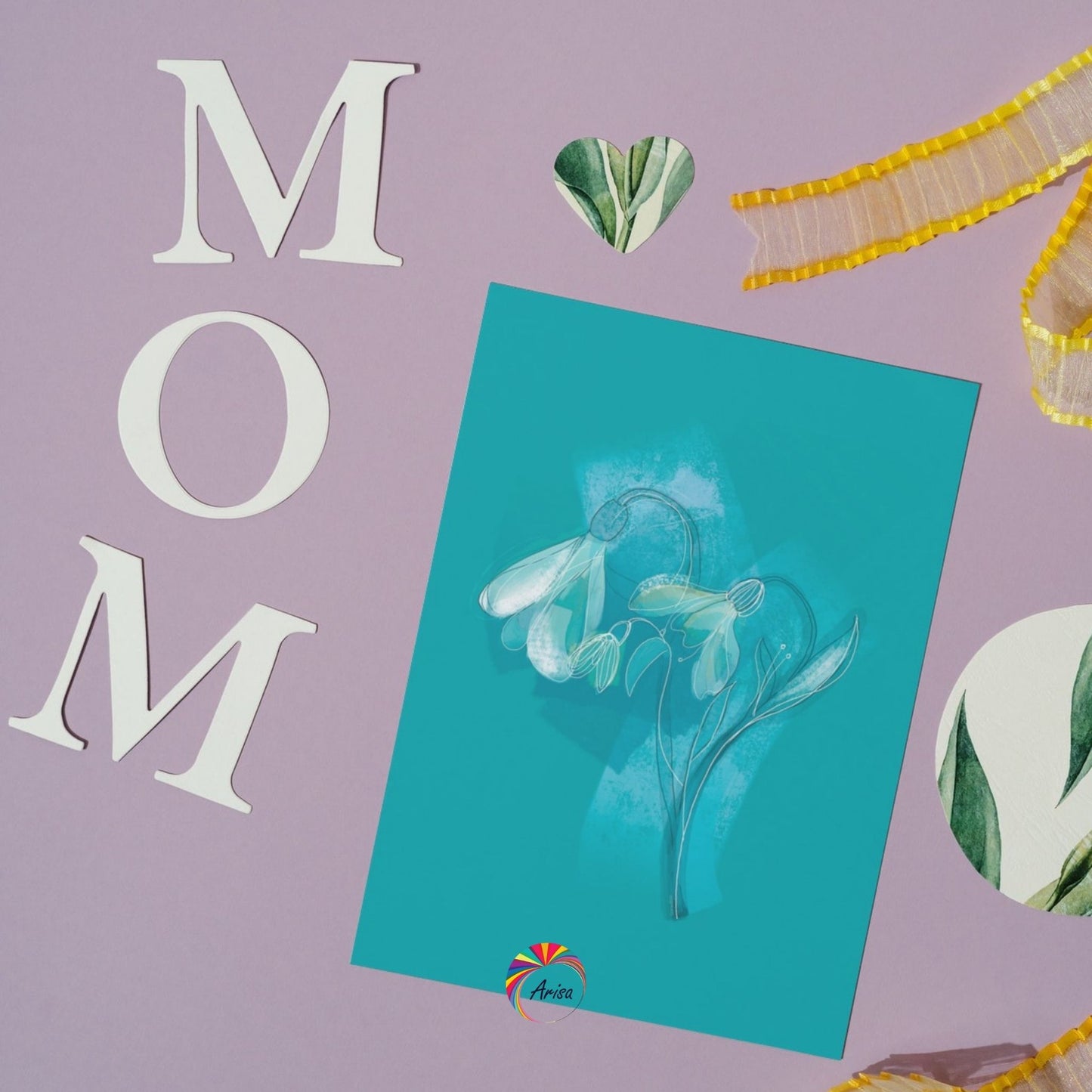 "Snowdrop" Greeting Card by ArisaTeam with the word mom close to the card ideal as a Mother's Day card.