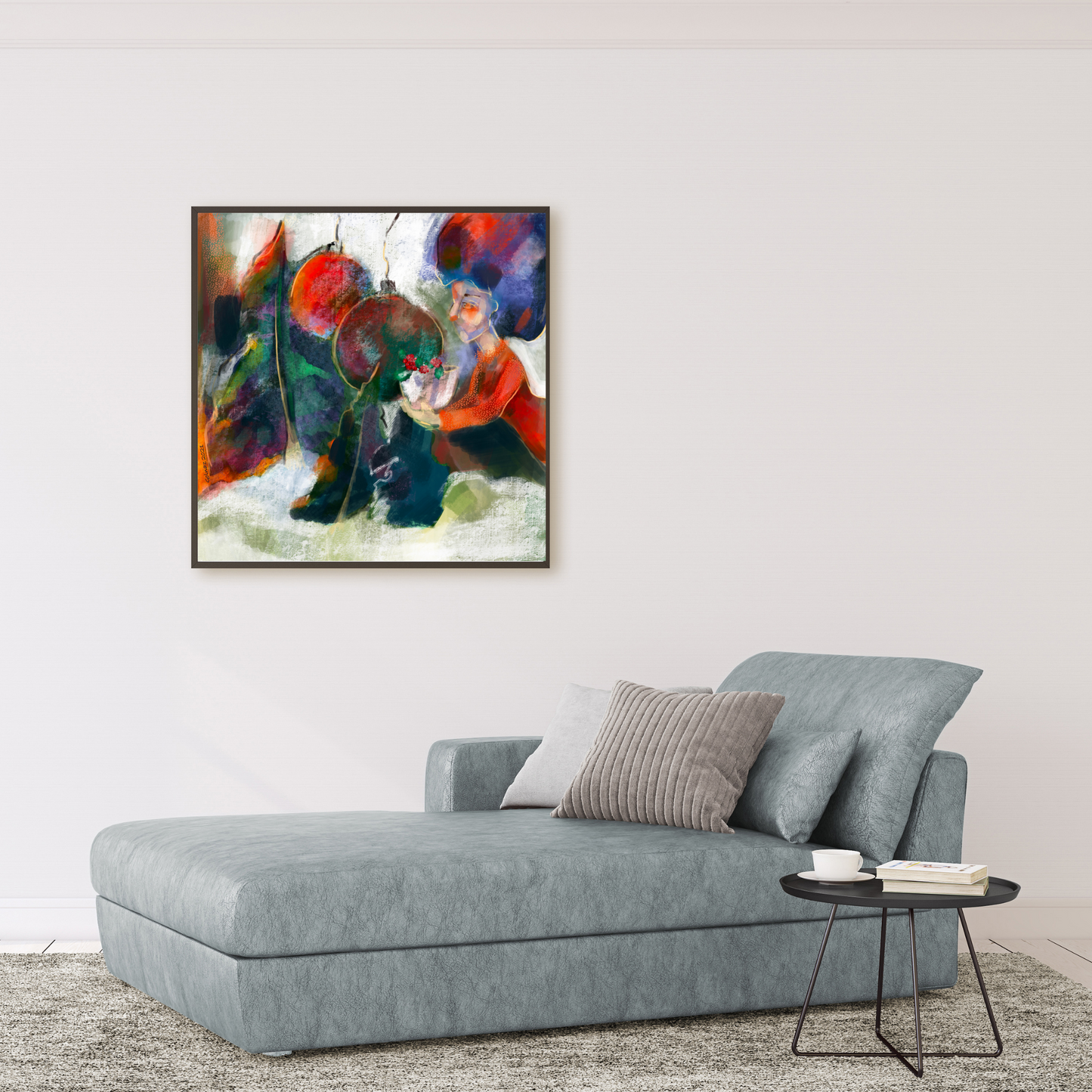An example of the figurative "Christmas Ornaments" painting printable by ArisaTeam over a sofa