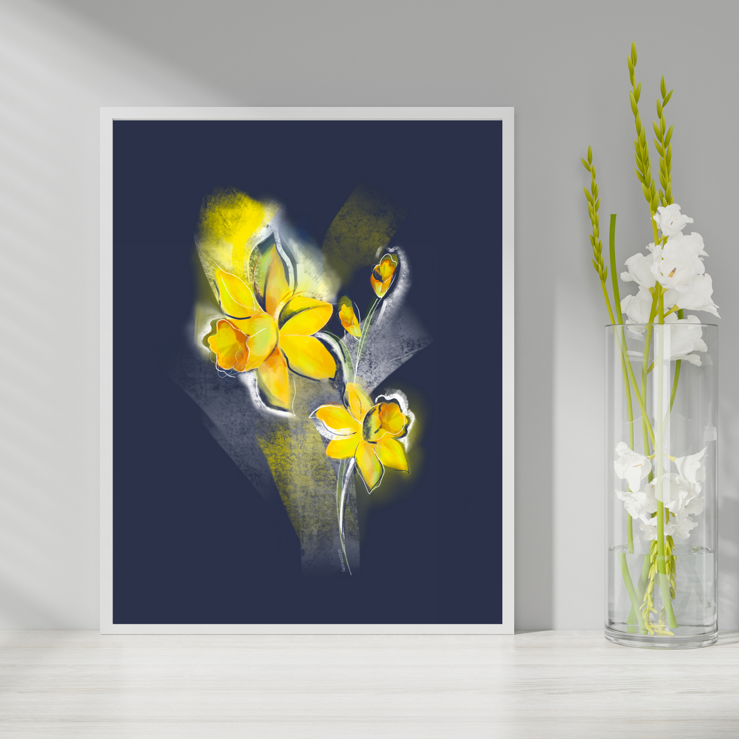 An example of the Daffodil painting by ArisaTeam near a vase of flowers