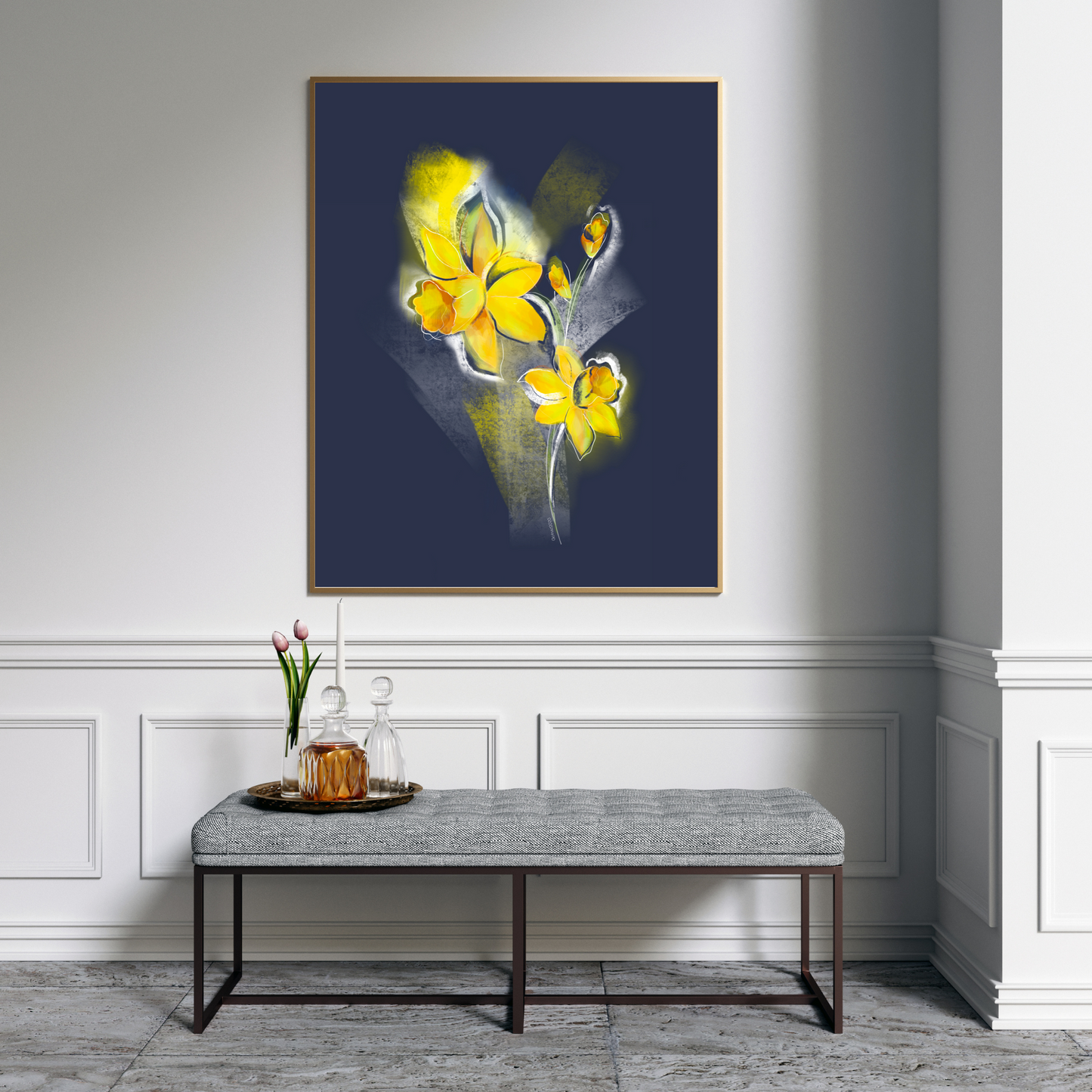 An example of the Daffodil painting by ArisaTeam over a bench with a tray of drinks and flowers