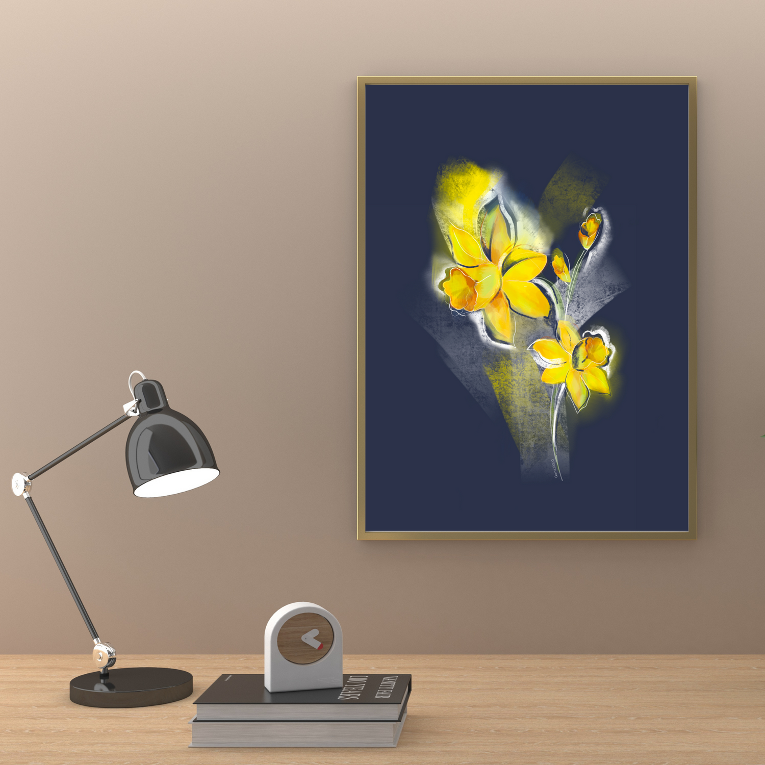 An example of the Daffodil painting by ArisaTeam over a desk with a lamp and books