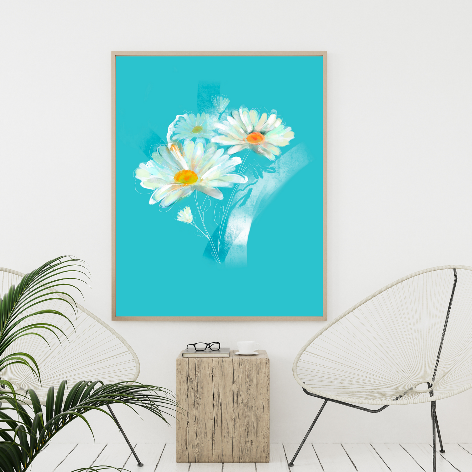 An example of the Daisy painting by ArisaTeam over a chair