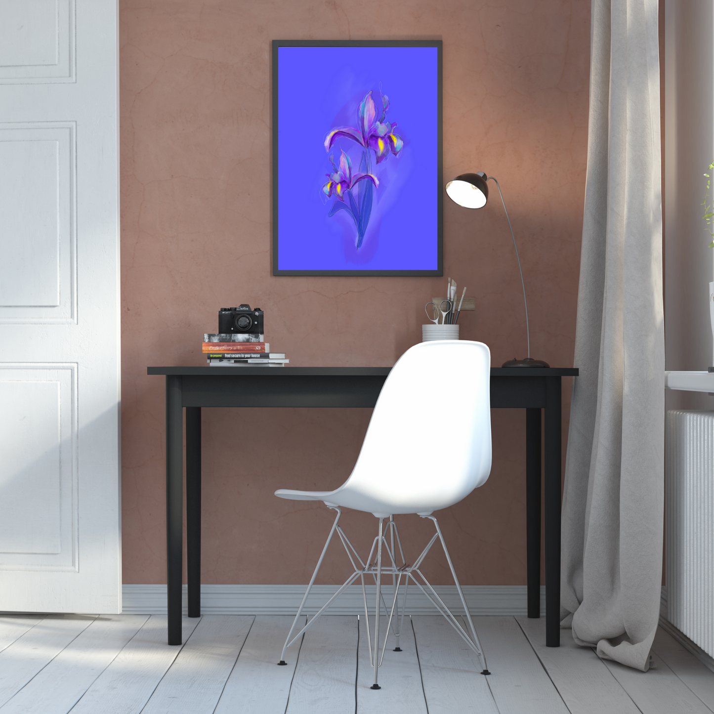 An example of the Iris painting by ArisaTeam over a desk with books and a lamp