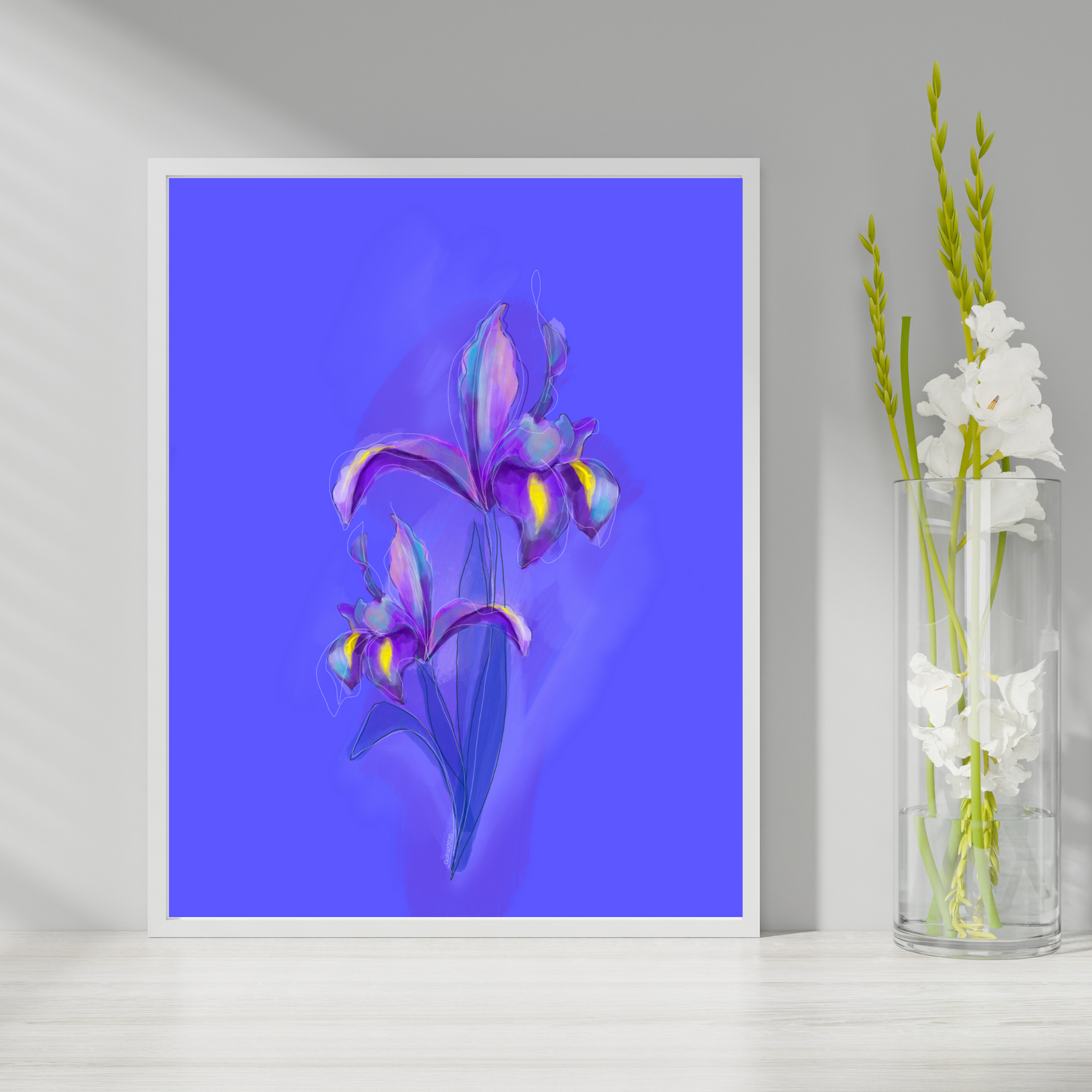 An example of the Iris painting by ArisaTeam near a vase of flowers