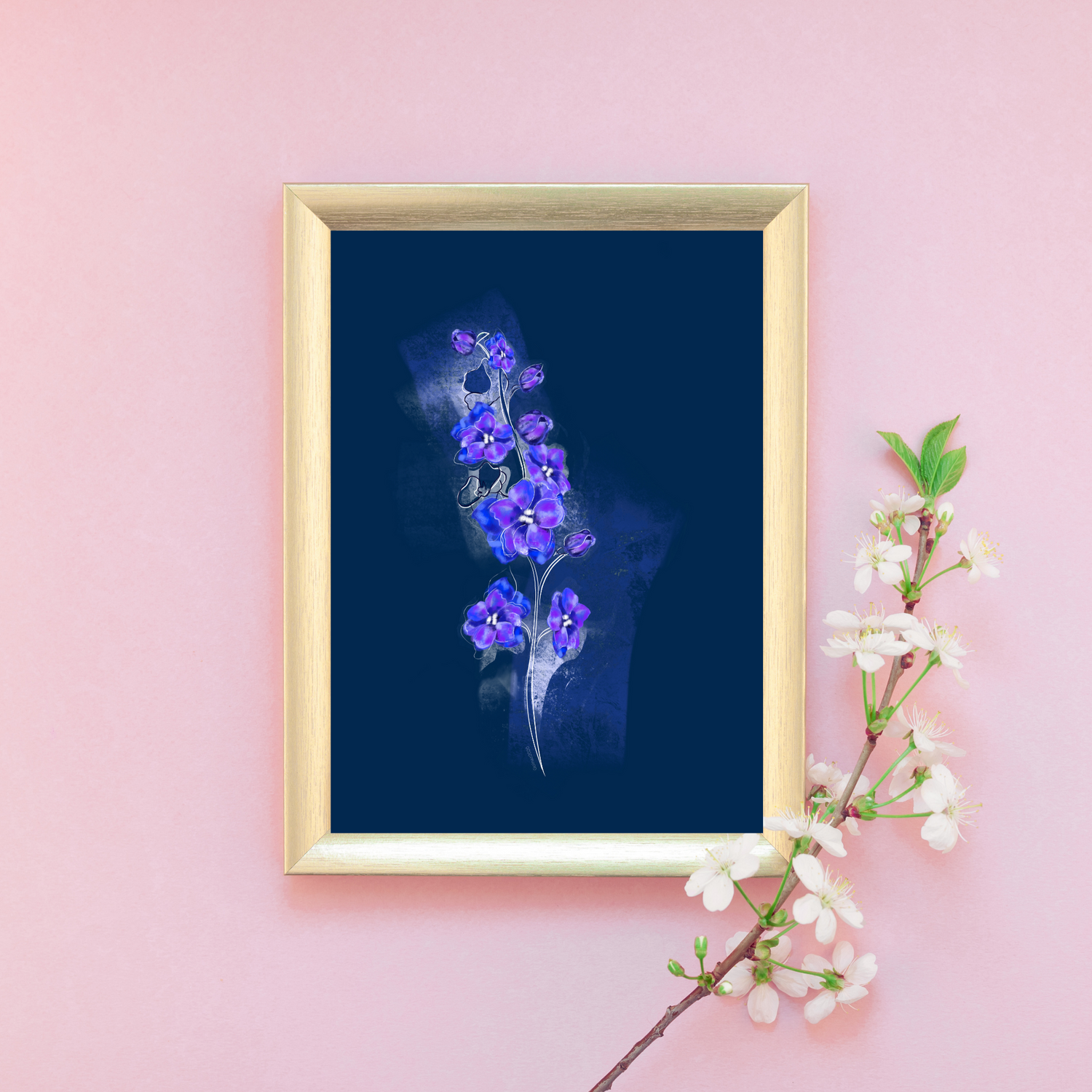 An example of the Larkspur painting by ArisaTeam in a frame on a wall with a branch of flowers