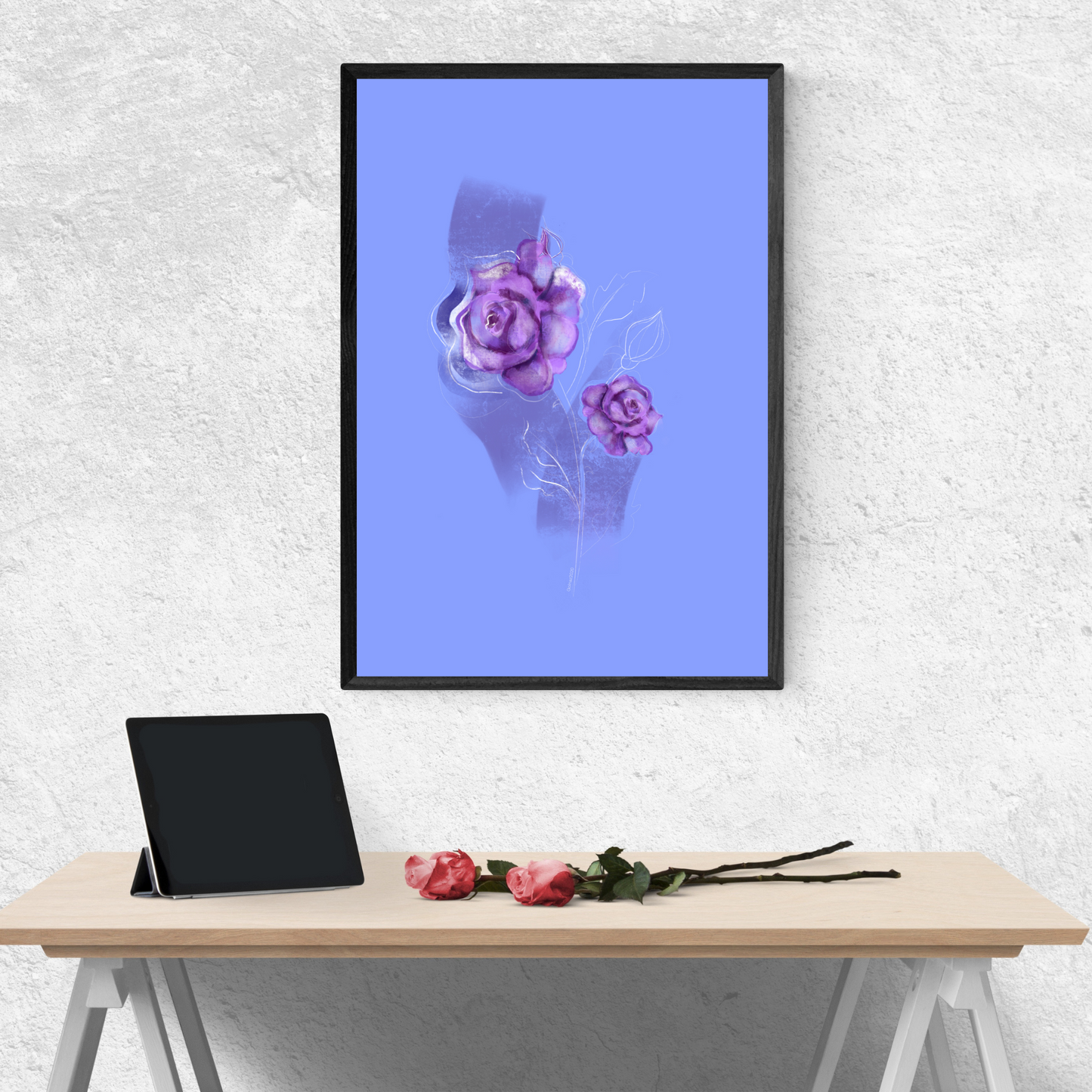 An example of the Rose painting by ArisaTeam over a desk with a monitor and 2 roses
